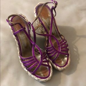 Yves Saint Laurent Straw Wedge with Fuschia Straps